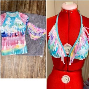 HOBIE TIE DYE BIKINI FRINGE RASH GUARD HS4P690 3pc